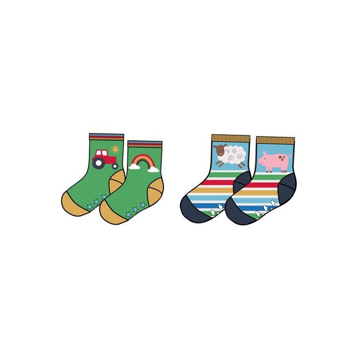 Frugi Grippy Socks 2er Pack, Rainbow Farm, UK 6-8