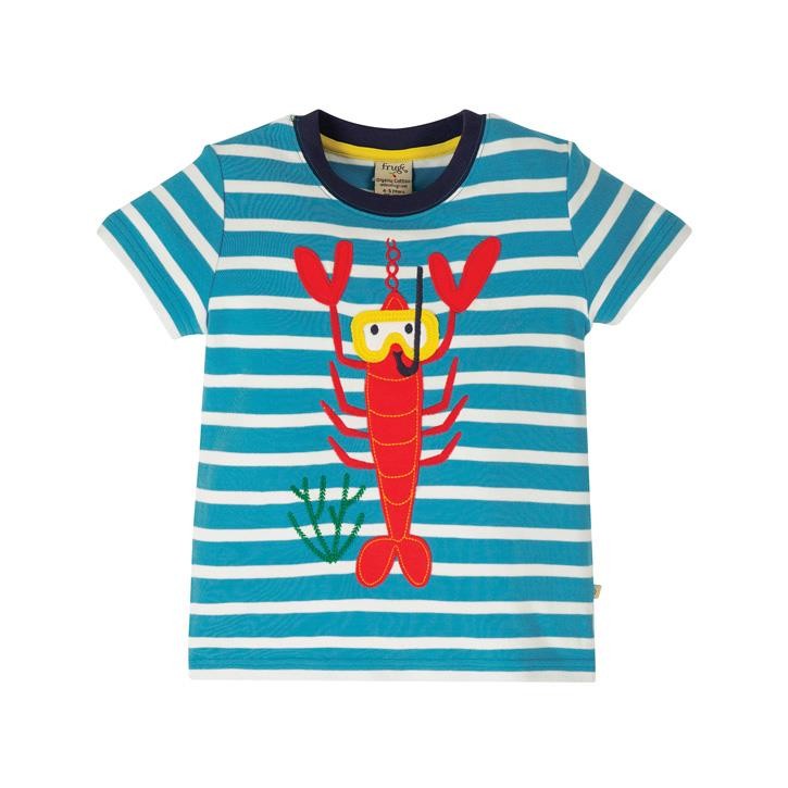 Frugi Sid Applique T-Shirt  Motosu Blue Stripe/Lobster