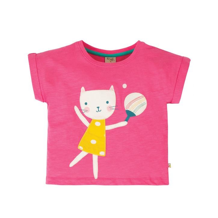 Frugi Sophia Slub T-Shirt  Flamingo/Cat 4-5J