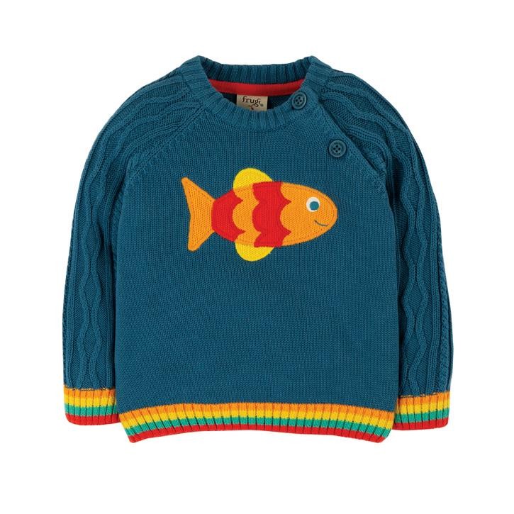 Frugi Caleb Cable Knit Pulli  Steely Blue/Fish