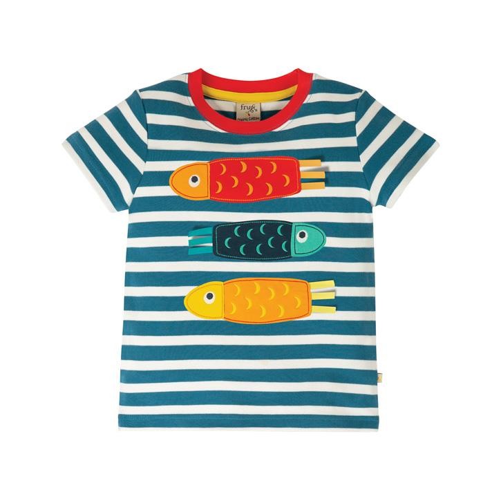 Frugi Sid Applique T-Shirt  Steely Blue Stripe/Fish